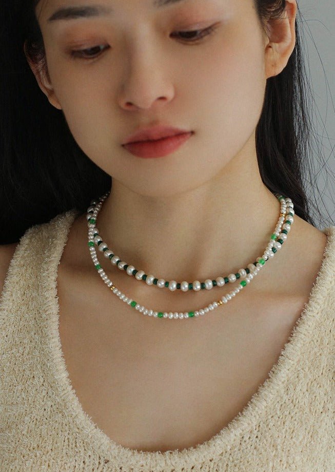 Handmade Green Natural Stone Beaded Pearl Necklace - floysun