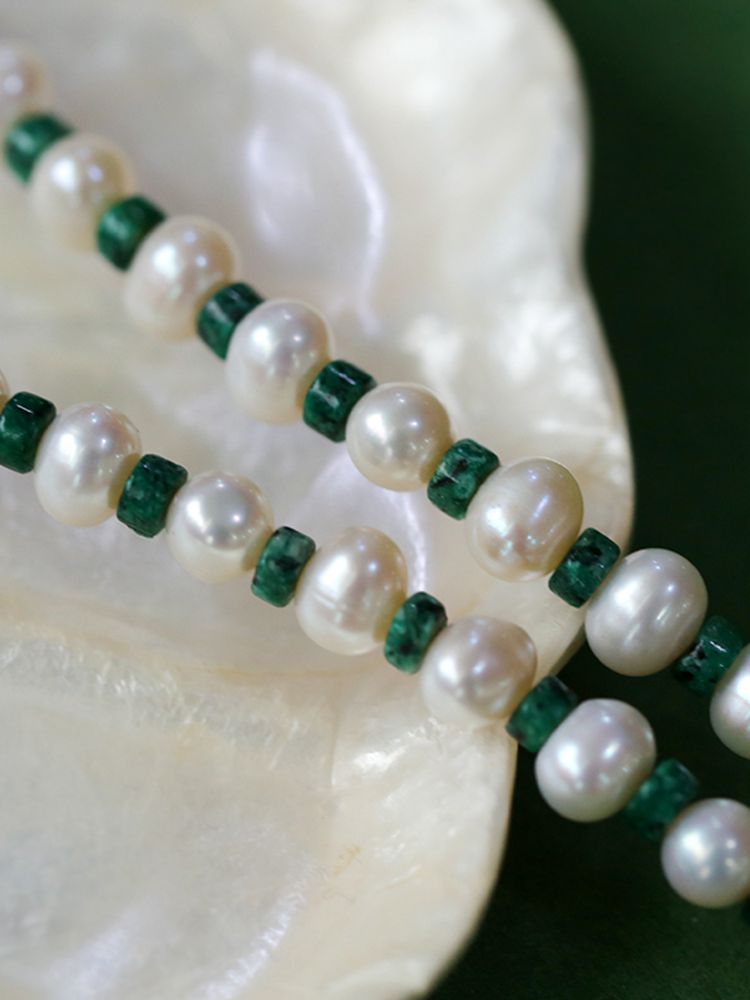 Handmade Green Natural Stone Beaded Pearl Necklace - floysun