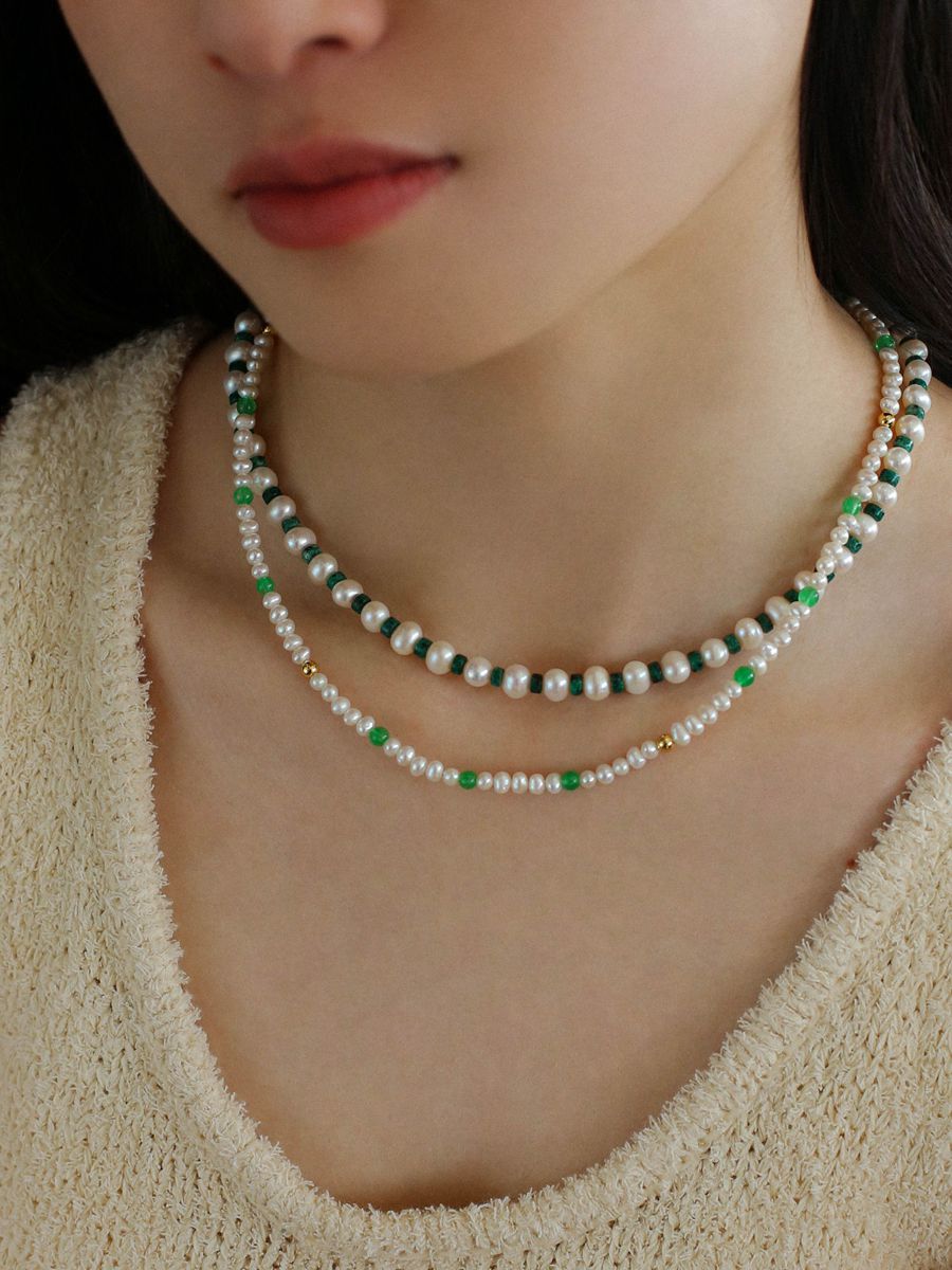 Handmade Green Natural Stone Beaded Pearl Necklace - floysun