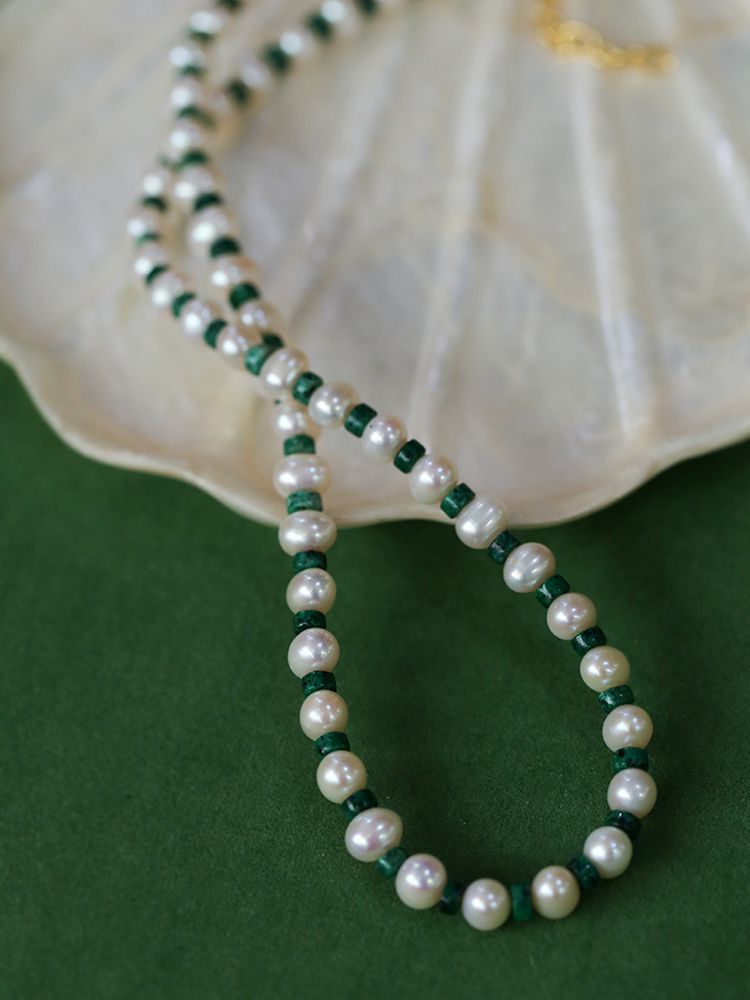 Handmade Green Natural Stone Beaded Pearl Necklace - floysun