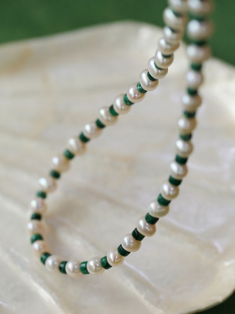 Handmade Green Natural Stone Beaded Pearl Necklace - floysun