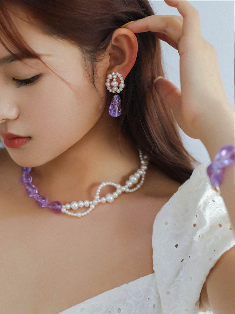 Lavender Purple Baroque Glass Double Pearl Wrap Necklace - floysun