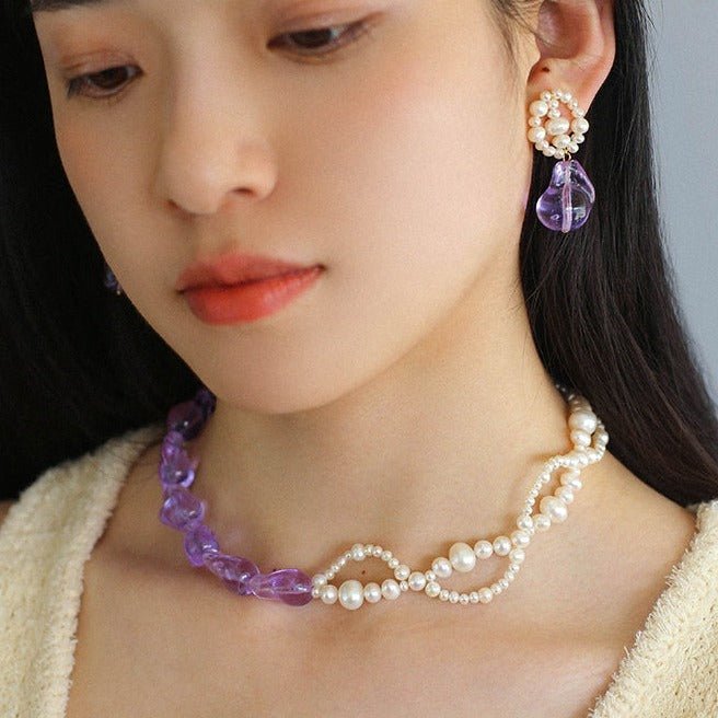 Lavender Purple Baroque Glass Double Pearl Wrap Necklace - floysun