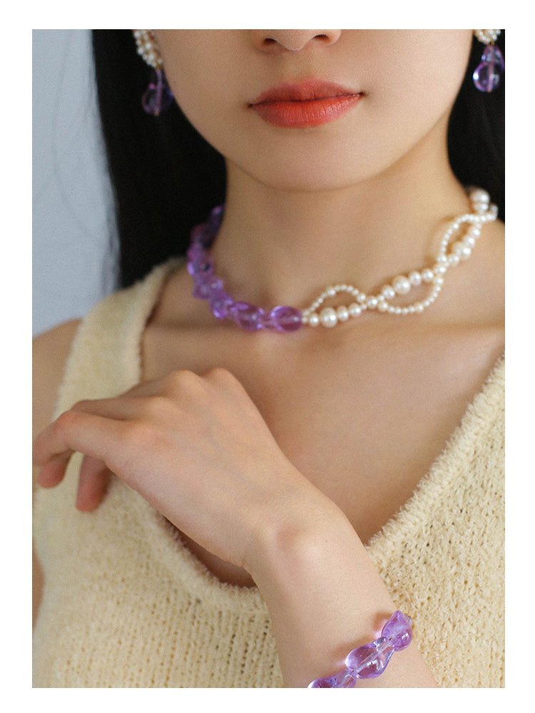 Lavender Purple Baroque Glass Double Pearl Wrap Necklace - floysun