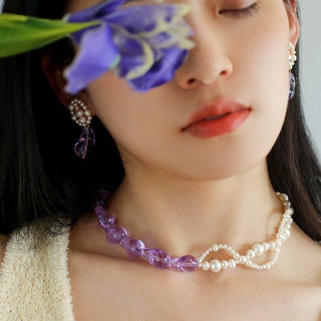 Lavender Purple Baroque Glass Double Pearl Wrap Necklace - floysun