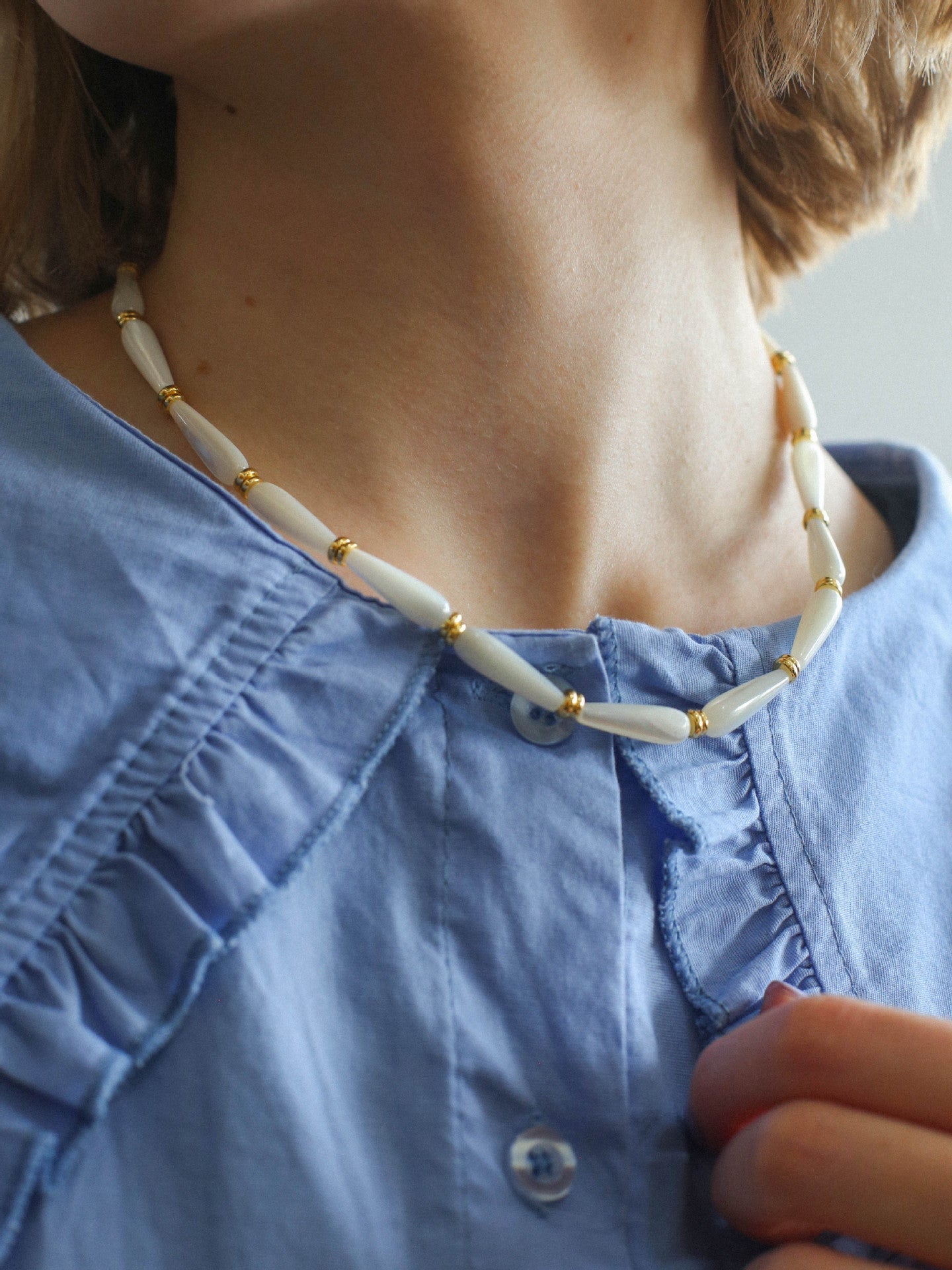 Natural Mother of Pearl Elegance - Long Drop Beaded Necklace - floysun