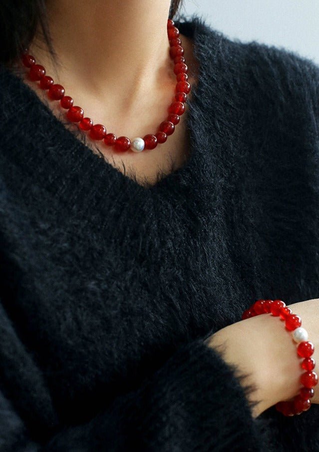 Natural Red Agate Stone Necklace Bracelet Set - floysun