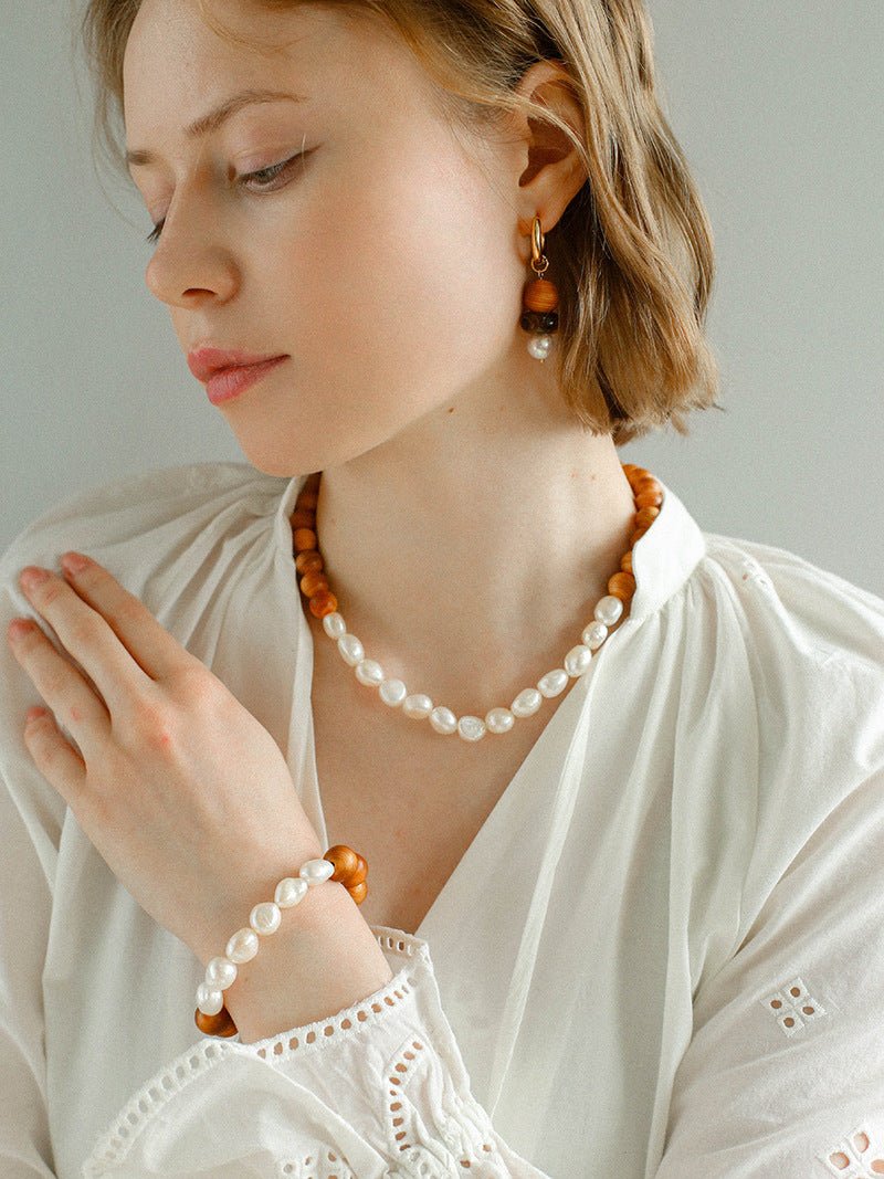 New Chinese Wood Grain Beaded Pearl Drop Earring - floysun