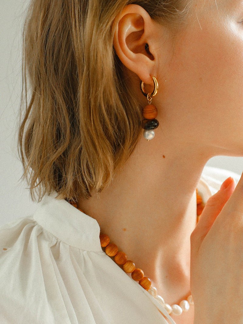 New Chinese Wood Grain Beaded Pearl Drop Earring - floysun