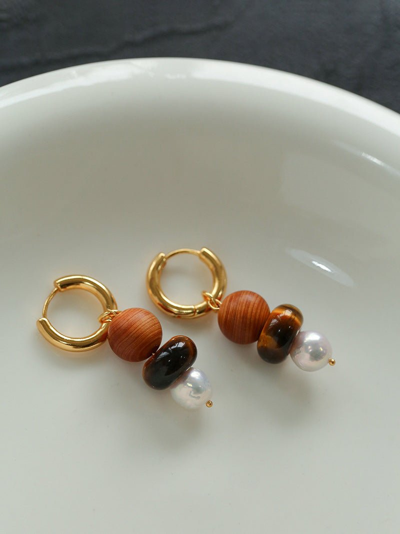 New Chinese Wood Grain Beaded Pearl Drop Earring - floysun
