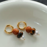 New Chinese Wood Grain Beaded Pearl Drop Earring - floysun