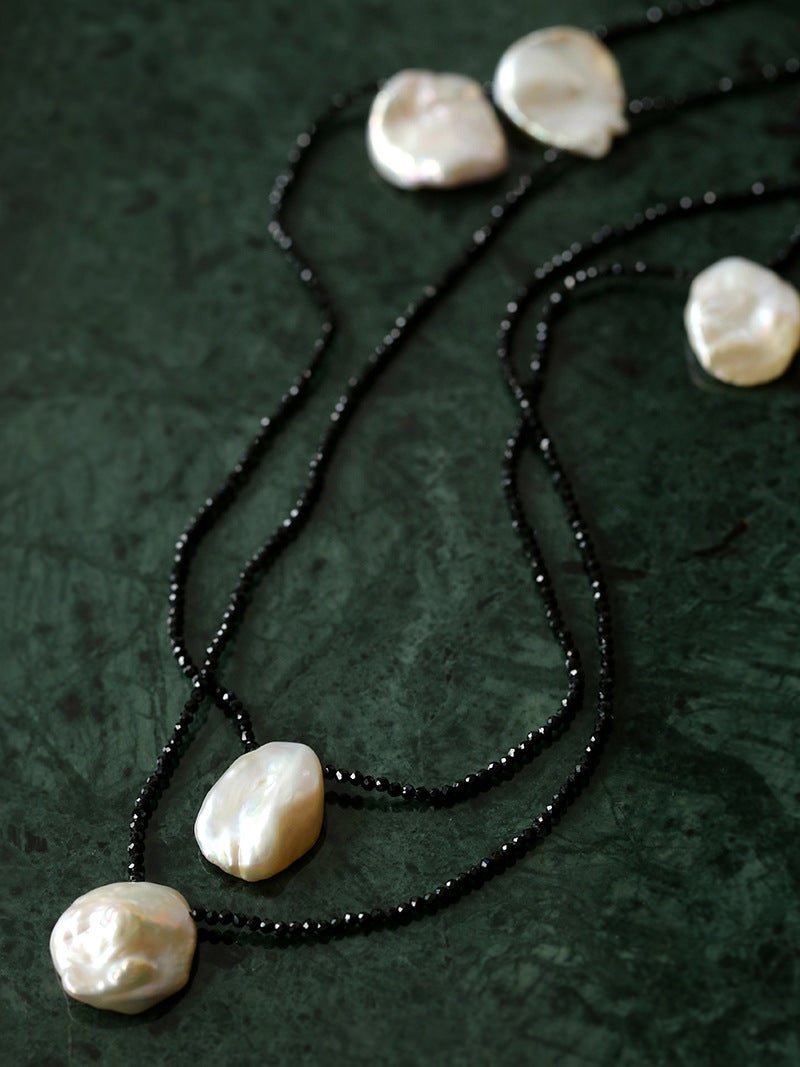 Nine Large Petal Baroque Pearls Black Spinel Necklace - floysun