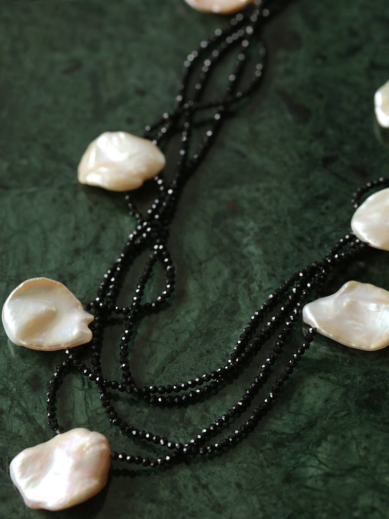Nine Large Petal Baroque Pearls Black Spinel Necklace - floysun