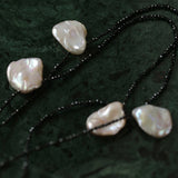 Nine Large Petal Baroque Pearls Black Spinel Necklace - floysun