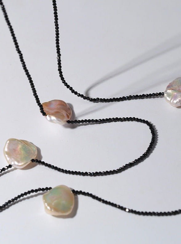 Nine Large Petal Baroque Pearls Black Spinel Necklace - floysun