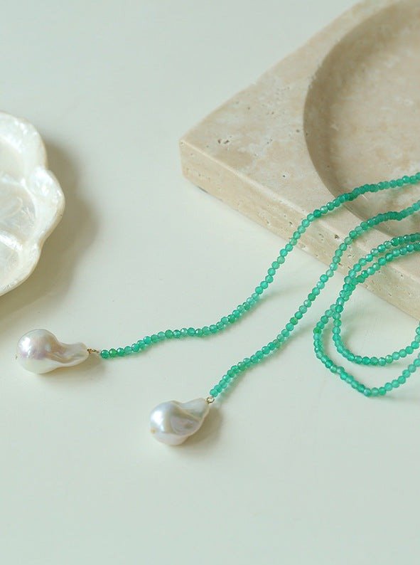 Serenity in Green: Extra-Long Green Agate Double Baroque Pearl Necklace - floysun