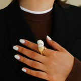 Vintage Floral Orb Fish-Tail Baroque Pearl Rings - floysun