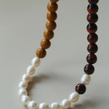 Autumn Whisper Natural Pearl & Red Tiger Eye & Wood Grain Stone Necklace