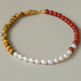 Sun Glow Natural Pearl & Red Agate & Golden Tiger Eye Necklace