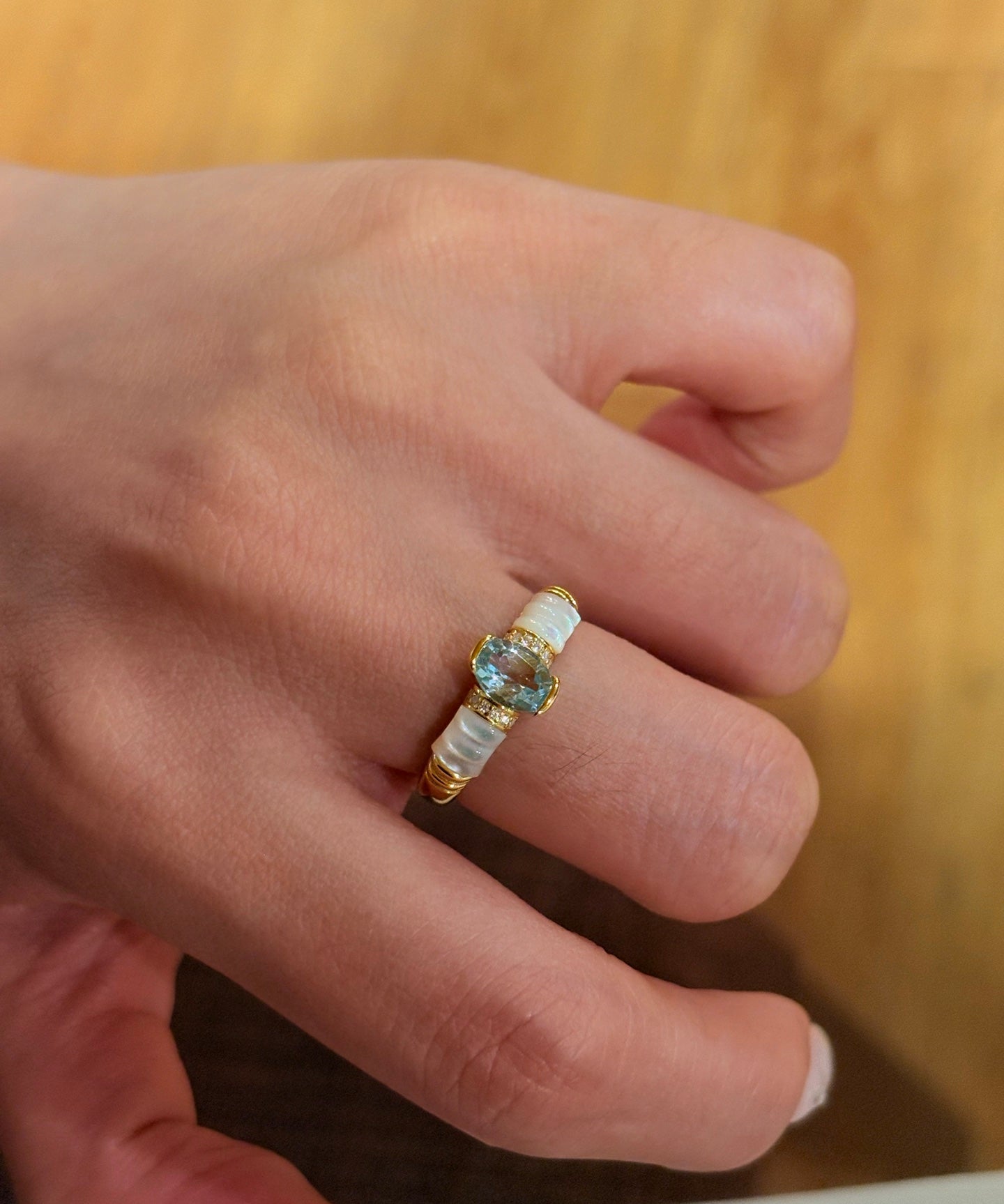 Retro Coastal Blue Topaz & Mother of Pearl Ring - Handcrafted 18K Gold Plated S925 Silver Oceanic Band