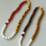 Autumn Whisper Natural Pearl & Red Tiger Eye & Wood Grain Stone Necklace