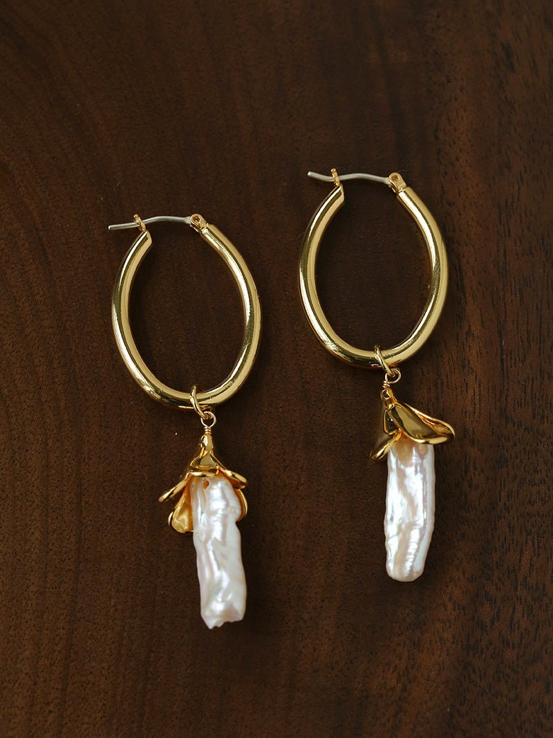 2 - in - 1 Detachable Baroque Pearl Lily Earrings - Vintage 18K Gold Hoop with Pearl Drop - floysun