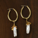 2 - in - 1 Detachable Baroque Pearl Lily Earrings - Vintage 18K Gold Hoop with Pearl Drop - floysun