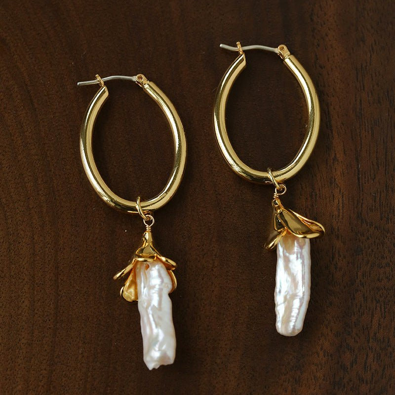 2 - in - 1 Detachable Baroque Pearl Lily Earrings - Vintage 18K Gold Hoop with Pearl Drop - floysun