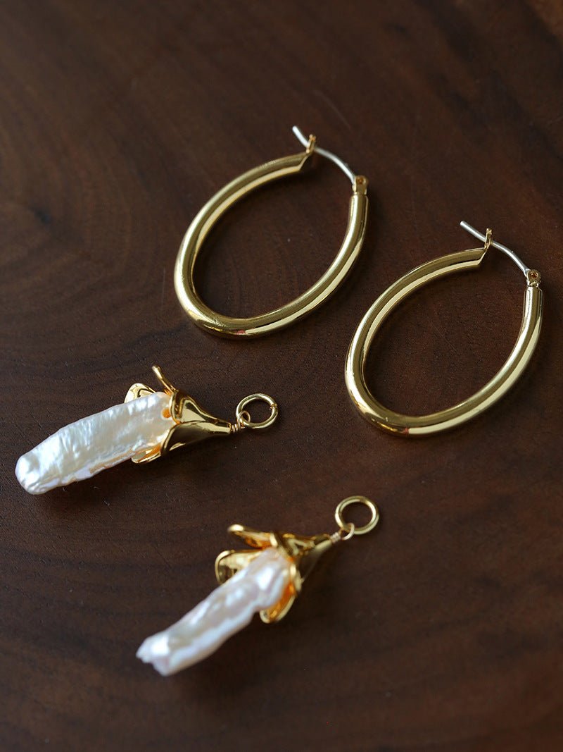 2 - in - 1 Detachable Baroque Pearl Lily Earrings - Vintage 18K Gold Hoop with Pearl Drop - floysun