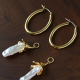 2 - in - 1 Detachable Baroque Pearl Lily Earrings - Vintage 18K Gold Hoop with Pearl Drop - floysun