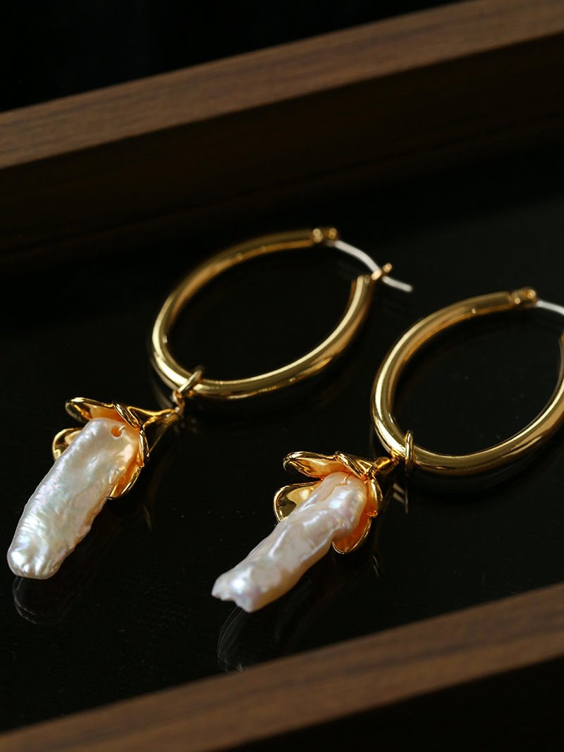 2 - in - 1 Detachable Baroque Pearl Lily Earrings - Vintage 18K Gold Hoop with Pearl Drop - floysun