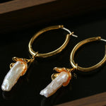 2 - in - 1 Detachable Baroque Pearl Lily Earrings - Vintage 18K Gold Hoop with Pearl Drop - floysun