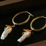 2 - in - 1 Detachable Baroque Pearl Lily Earrings - Vintage 18K Gold Hoop with Pearl Drop - floysun