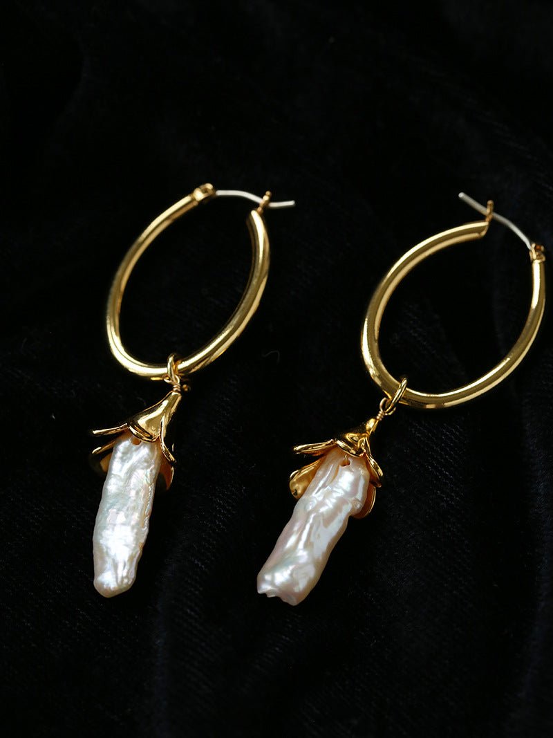 2 - in - 1 Detachable Baroque Pearl Lily Earrings - Vintage 18K Gold Hoop with Pearl Drop - floysun