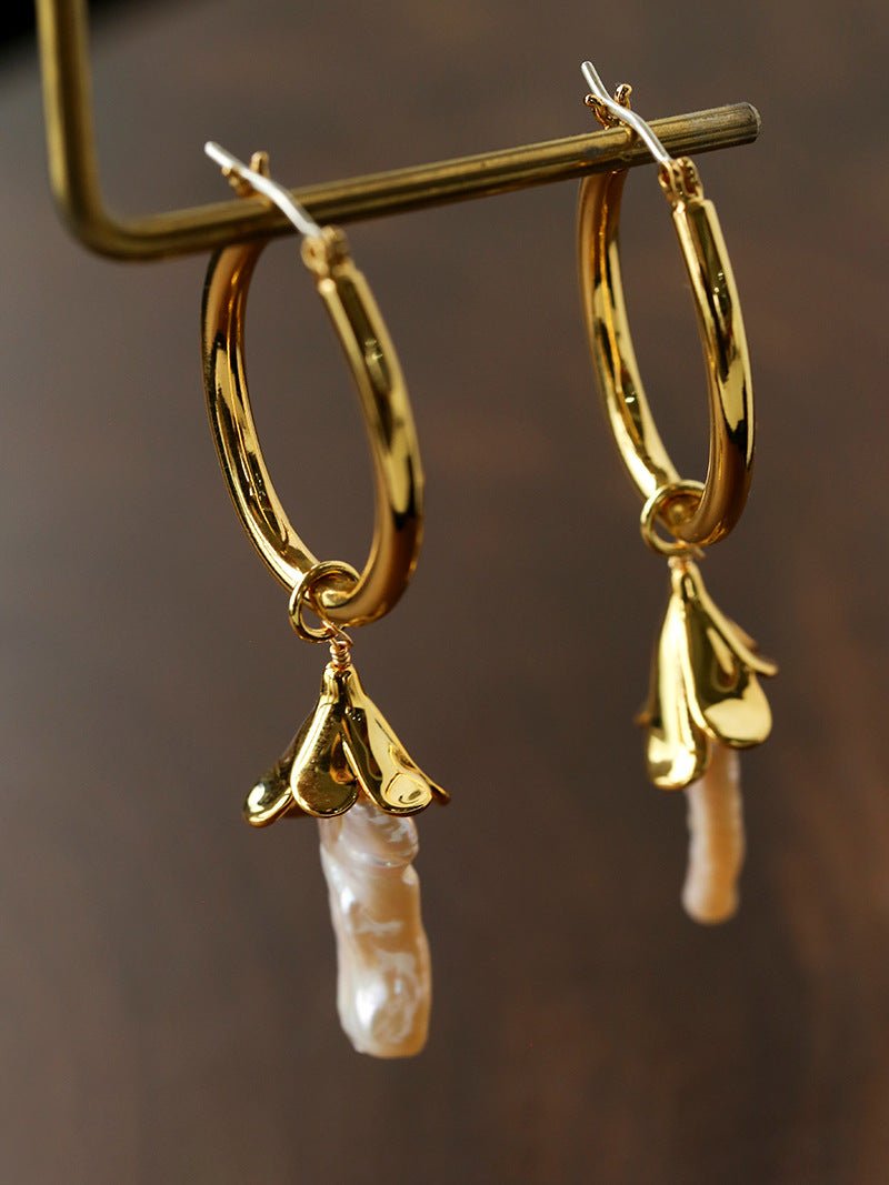 2 - in - 1 Detachable Baroque Pearl Lily Earrings - Vintage 18K Gold Hoop with Pearl Drop - floysun