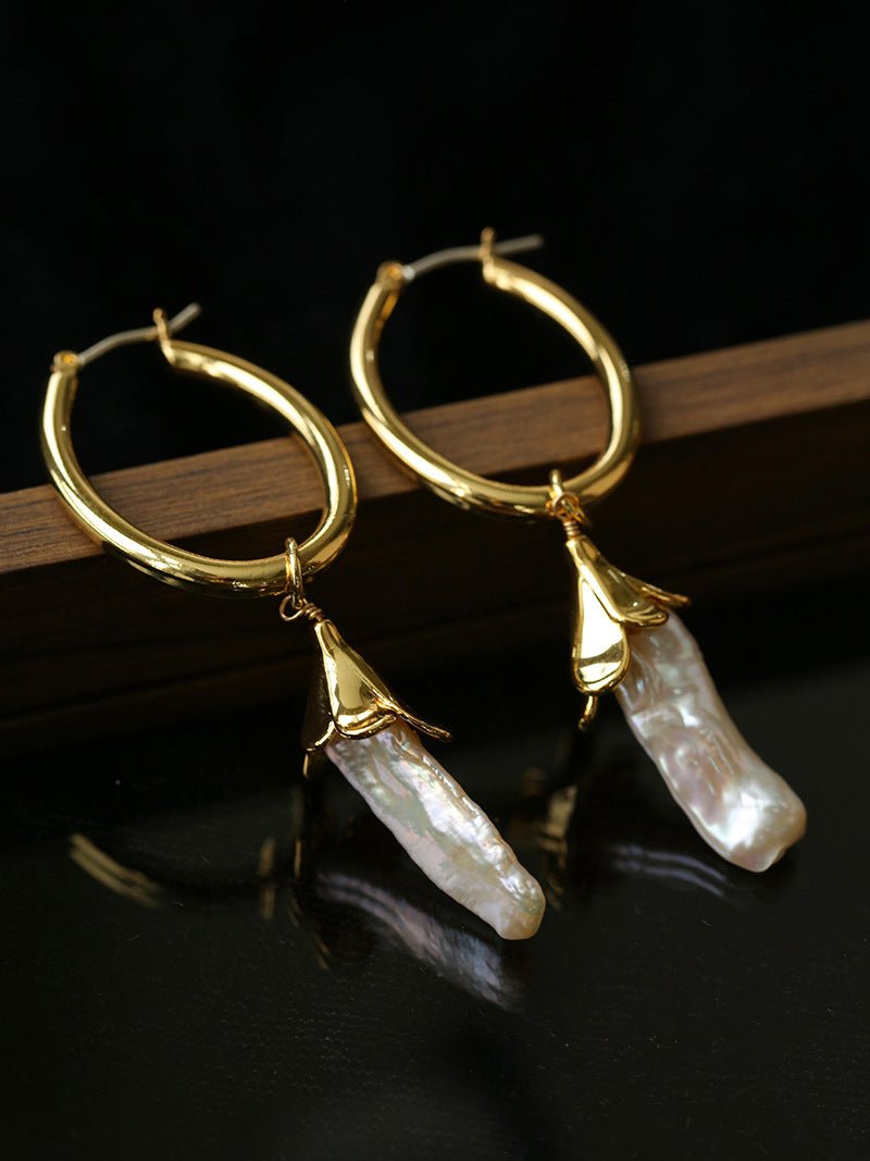2 - in - 1 Detachable Baroque Pearl Lily Earrings - Vintage 18K Gold Hoop with Pearl Drop - floysun