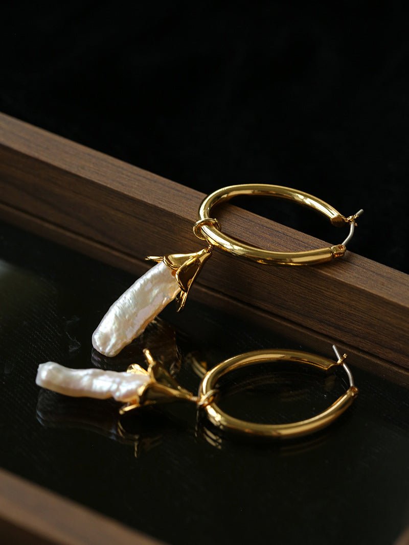 2 - in - 1 Detachable Baroque Pearl Lily Earrings - Vintage 18K Gold Hoop with Pearl Drop - floysun