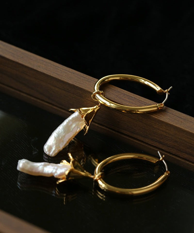 2 - in - 1 Detachable Baroque Pearl Lily Earrings - Vintage 18K Gold Hoop with Pearl Drop - floysun