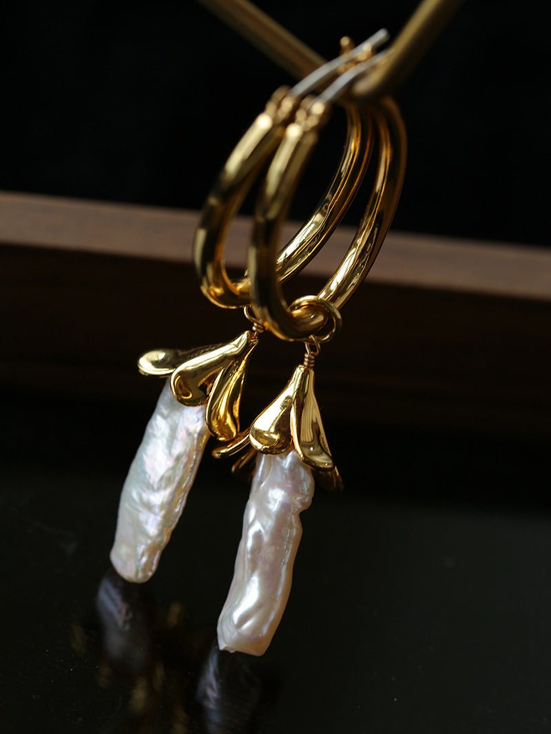 2 - in - 1 Detachable Baroque Pearl Lily Earrings - Vintage 18K Gold Hoop with Pearl Drop - floysun
