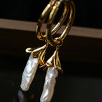 2 - in - 1 Detachable Baroque Pearl Lily Earrings - Vintage 18K Gold Hoop with Pearl Drop - floysun