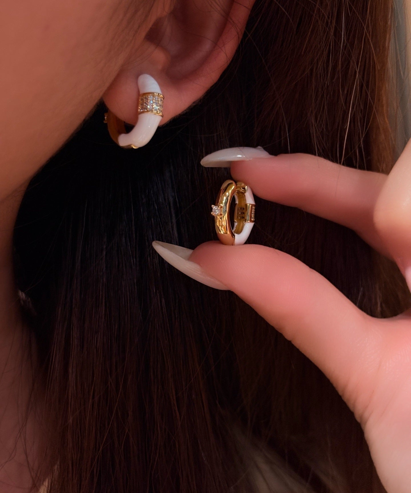 2 - in - 1 Reversible Enamel C - Hoop Earrings - Handcrafted S925 Silver 18K Gold Plated Huggies - floysun