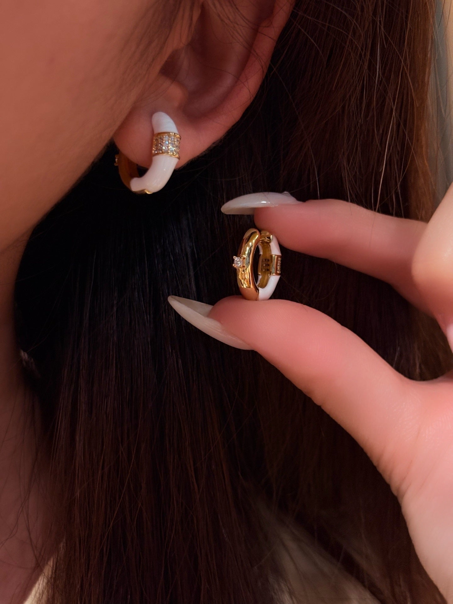 2 - in - 1 Reversible Enamel C - Hoop Earrings - Handcrafted S925 Silver 18K Gold Plated Huggies - floysun