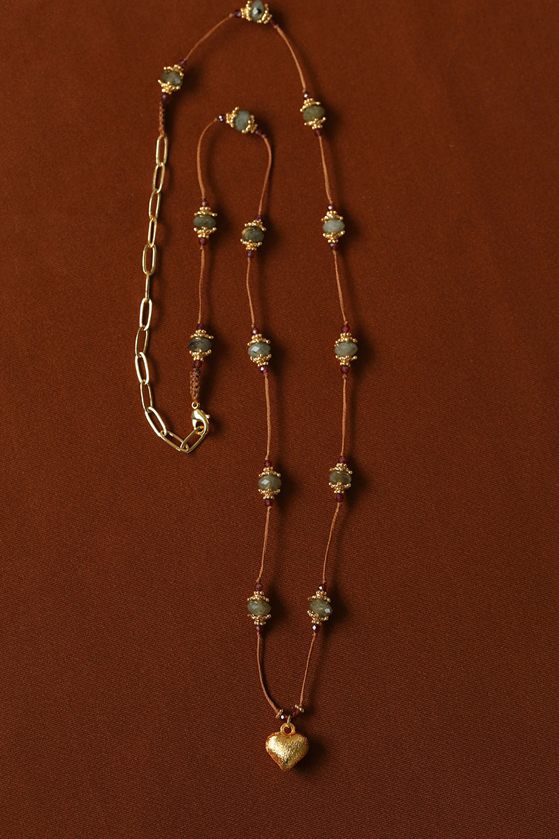 Full view of labradorite and garnet cord necklace