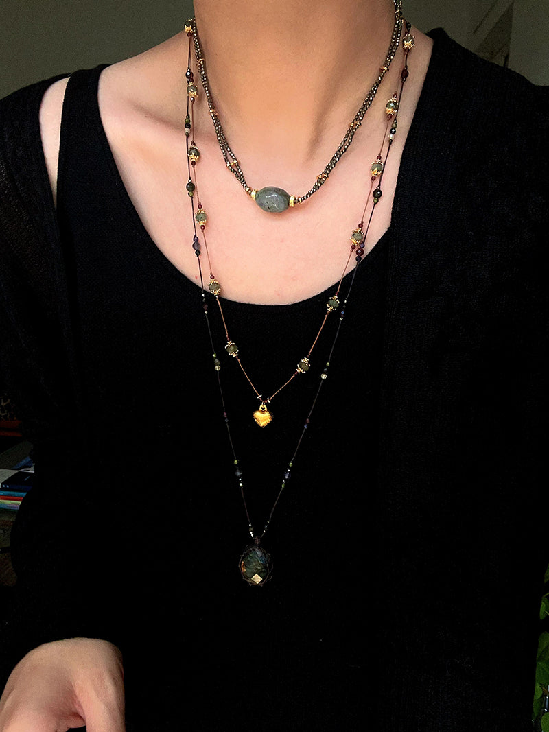 Labradorite heart necklace styled with other necklaces