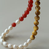 Sun Glow Natural Pearl & Red Agate & Golden Tiger Eye Necklace
