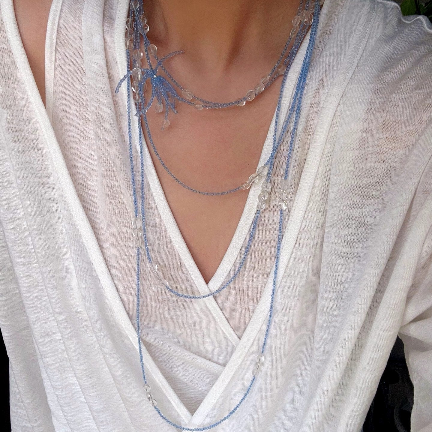 216cm Multi - Way Clear Quartz & Blue Crystal Wrap Necklace - floysun