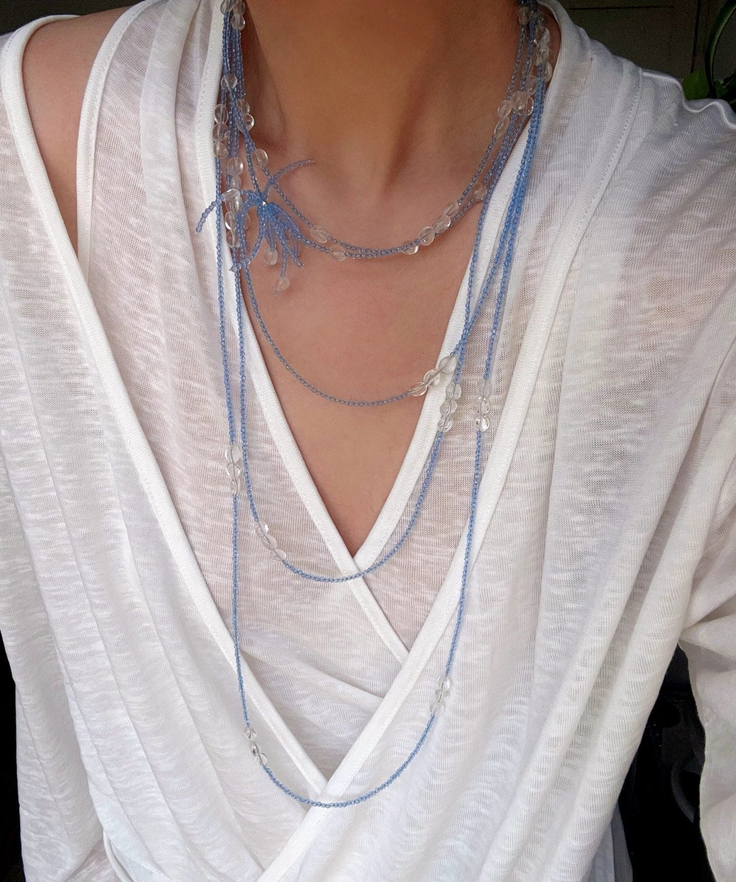 216cm Multi - Way Clear Quartz & Blue Crystal Wrap Necklace - floysun