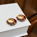 Vintage burgundy enamel hoop earrings - side angle