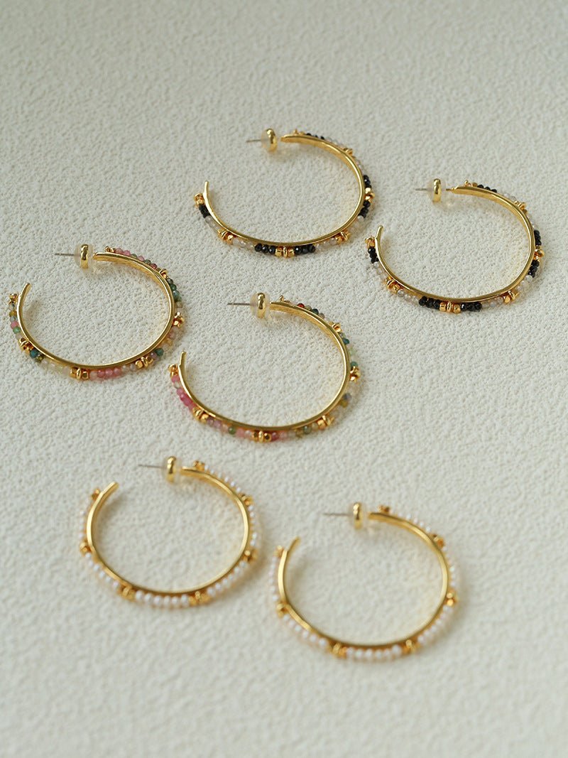 3 Styles Large Open C Hoop Multicolor natural stone and pearl beaded Earrings - floysun