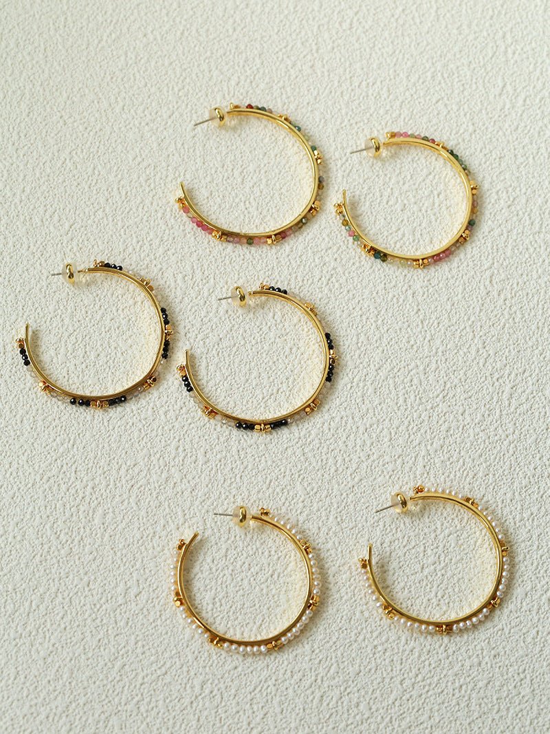 3 Styles Large Open C Hoop Multicolor natural stone and pearl beaded Earrings - floysun
